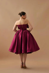 Burgundy Strapless Homecoming Dress A Line Satin Tea Length Formal Dresses